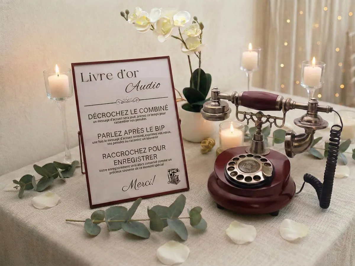 Téléphone de style antique posé à côté d’un cadre « Livre d’or audio », entouré de bougies