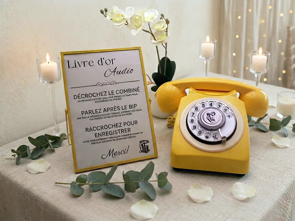 Téléphone jaune à cadran posé à côté d’un cadre « Livre d’or audio », sur une table décorée