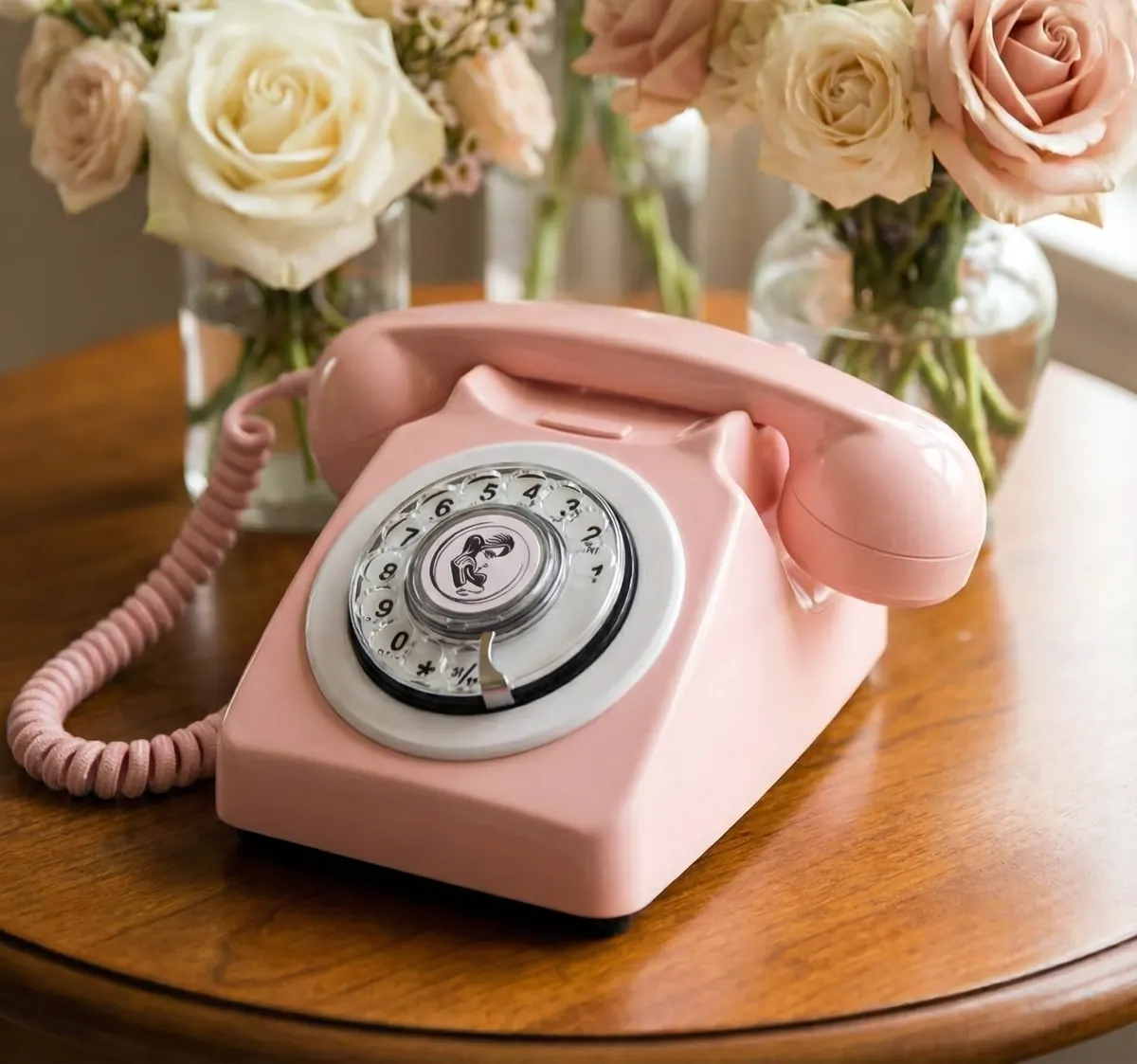 Téléphone rose à cadran posé sur une table en bois, devant des bouquets de roses